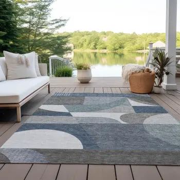 10' X 14' Gray Blue And Ivory Geometric Washable Indoor Outdoor Area Rug