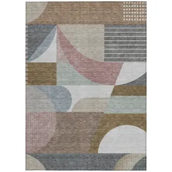 3' X 5' Brown Ivory And Mauve Geometric Washable Indoor Outdoor Area Rug