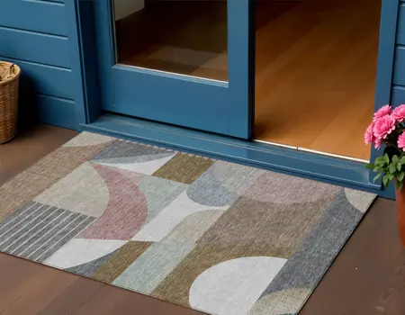 3' X 5' Brown Ivory And Mauve Geometric Washable Indoor Outdoor Area Rug