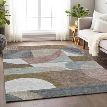 3' X 5' Brown Ivory And Mauve Geometric Washable Indoor Outdoor Area Rug