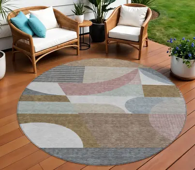 8' Brown Ivory And Mauve Round Geometric Washable Indoor Outdoor Area Rug