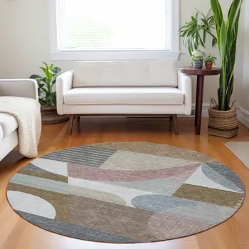 8' Brown Ivory And Mauve Round Geometric Washable Indoor Outdoor Area Rug