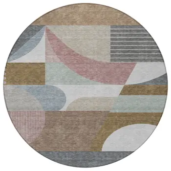 8' Brown Ivory And Mauve Round Geometric Washable Indoor Outdoor Area Rug