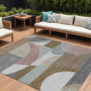 8' X 10' Brown Ivory And Mauve Geometric Washable Indoor Outdoor Area Rug
