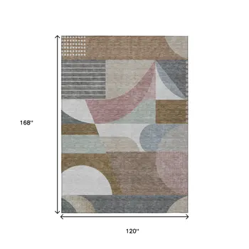 10' X 14' Brown Ivory And Mauve Geometric Washable Indoor Outdoor Area Rug
