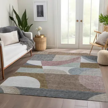 10' X 14' Brown Ivory And Mauve Geometric Washable Indoor Outdoor Area Rug