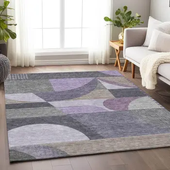 5' X 8' Purple Gray And Beige Geometric Washable Indoor Outdoor Area Rug