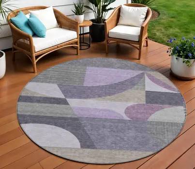 8' Purple Gray And Beige Round Geometric Washable Indoor Outdoor Area Rug
