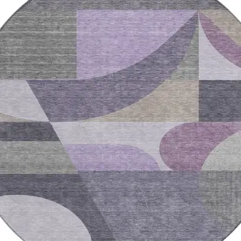 8' Purple Gray And Beige Round Geometric Washable Indoor Outdoor Area Rug