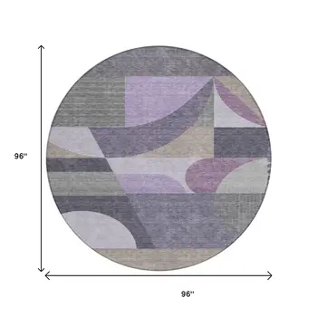 8' Purple Gray And Beige Round Geometric Washable Indoor Outdoor Area Rug
