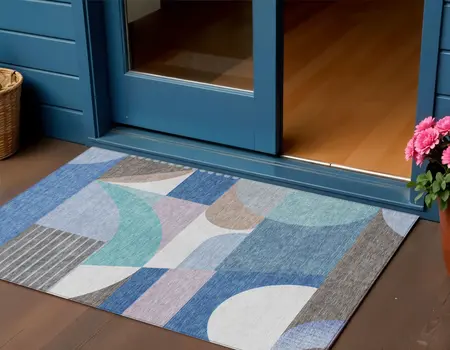 3' X 5' Sky Blue Teal Blue And Brown Geometric Washable Indoor Outdoor Area Rug