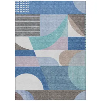 3' X 5' Sky Blue Teal Blue And Brown Geometric Washable Indoor Outdoor Area Rug
