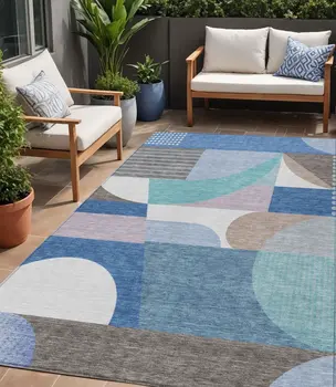 5' X 8' Sky Blue Teal Blue And Brown Geometric Washable Indoor Outdoor Area Rug