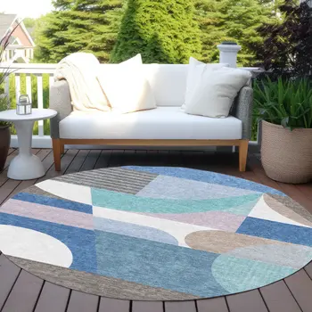 8' Sky Blue Teal Blue And Brown Round Geometric Washable Indoor Outdoor Area Rug
