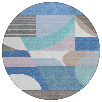 8' Sky Blue Teal Blue And Brown Round Geometric Washable Indoor Outdoor Area Rug