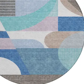 8' Sky Blue Teal Blue And Brown Round Geometric Washable Indoor Outdoor Area Rug