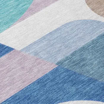 8' Sky Blue Teal Blue And Brown Round Geometric Washable Indoor Outdoor Area Rug
