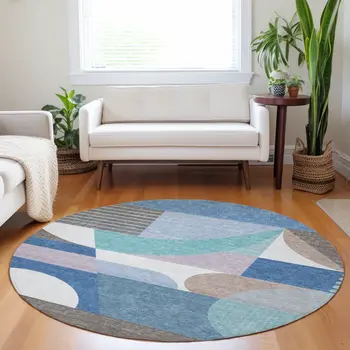 8' Sky Blue Teal Blue And Brown Round Geometric Washable Indoor Outdoor Area Rug