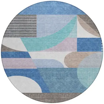 8' Sky Blue Teal Blue And Brown Round Geometric Washable Indoor Outdoor Area Rug