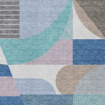 8' X 10' Sky Blue Teal Blue And Brown Geometric Washable Indoor Outdoor Area Rug