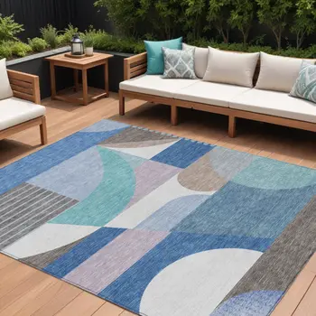 9' X 12' Sky Blue Teal Blue And Brown Geometric Washable Indoor Outdoor Area Rug