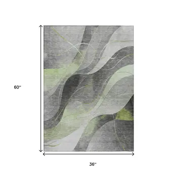 3' X 5' Artichoke Green Gray And Silver Abstract Washable Indoor Outdoor Area Rug