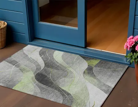 3' X 5' Artichoke Green Gray And Silver Abstract Washable Indoor Outdoor Area Rug