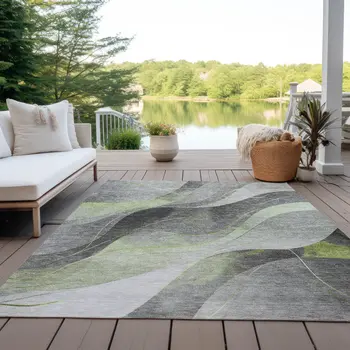 5' X 8' Artichoke Green Gray And Silver Abstract Washable Indoor Outdoor Area Rug