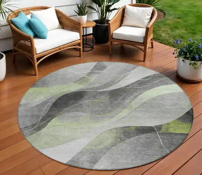 8' Artichoke Green Gray And Silver Round Abstract Washable Indoor Outdoor Area Rug