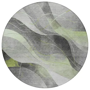 8' Artichoke Green Gray And Silver Round Abstract Washable Indoor Outdoor Area Rug