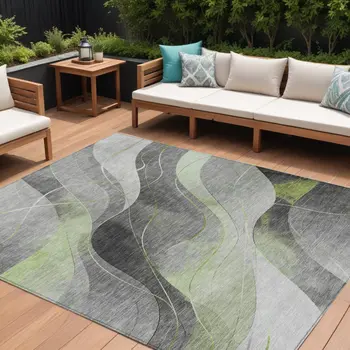 8' X 10' Artichoke Green Gray And Silver Abstract Washable Indoor Outdoor Area Rug