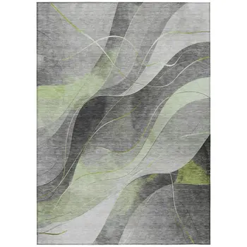 9' X 12' Artichoke Green Gray And Silver Abstract Washable Indoor Outdoor Area Rug