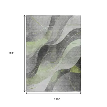 10' X 14' Artichoke Green Gray And Silver Abstract Washable Indoor Outdoor Area Rug