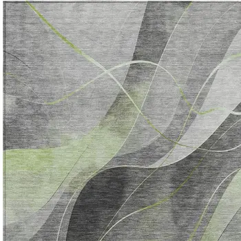 10' X 14' Artichoke Green Gray And Silver Abstract Washable Indoor Outdoor Area Rug