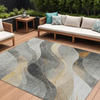 9' X 12' Gray Silver And Rust Abstract Washable Indoor Outdoor Area Rug