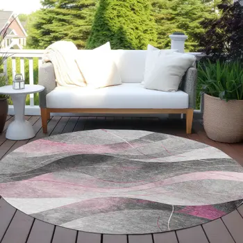 8' Pink Gray And Silver Round Abstract Washable Indoor Outdoor Area Rug