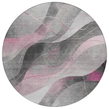 8' Pink Gray And Silver Round Abstract Washable Indoor Outdoor Area Rug
