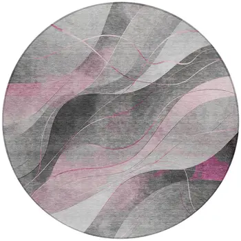 8' Pink Gray And Silver Round Abstract Washable Indoor Outdoor Area Rug