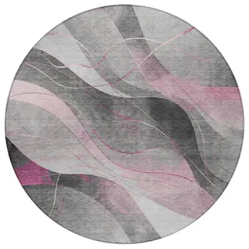 8' Pink Gray And Silver Round Abstract Washable Indoor Outdoor Area Rug