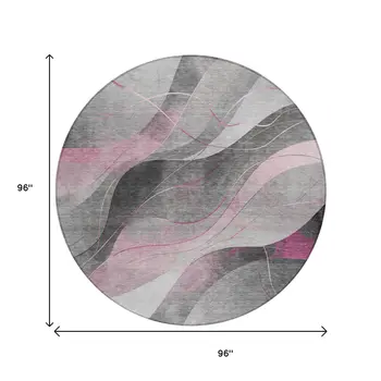 8' Pink Gray And Silver Round Abstract Washable Indoor Outdoor Area Rug