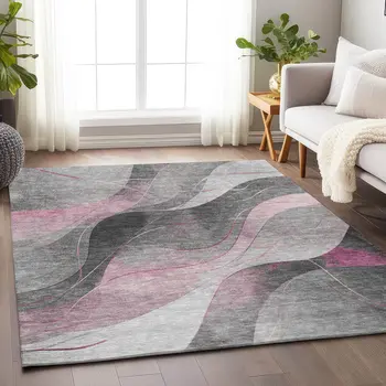 8' X 10' Pink Gray And Silver Abstract Washable Indoor Outdoor Area Rug