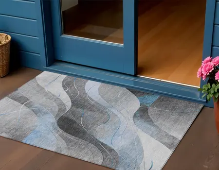 3' X 5' Sky Blue Gray And Silver Abstract Washable Indoor Outdoor Area Rug