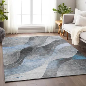 3' X 5' Sky Blue Gray And Silver Abstract Washable Indoor Outdoor Area Rug