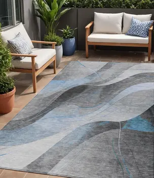 5' X 8' Sky Blue Gray And Silver Abstract Washable Indoor Outdoor Area Rug
