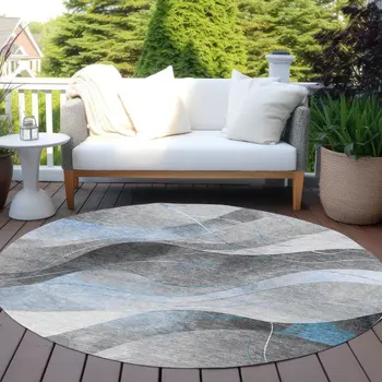 8' Sky Blue Gray And Silver Round Abstract Washable Indoor Outdoor Area Rug