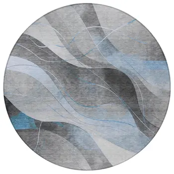 8' Sky Blue Gray And Silver Round Abstract Washable Indoor Outdoor Area Rug