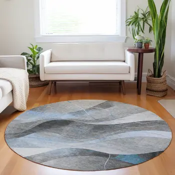 8' Sky Blue Gray And Silver Round Abstract Washable Indoor Outdoor Area Rug