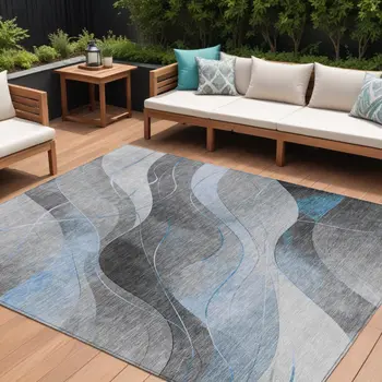 10' X 14' Sky Blue Gray And Silver Abstract Washable Indoor Outdoor Area Rug
