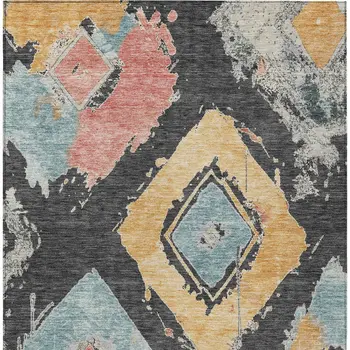 3' X 5' Charcoal Gold And Coral Geometric Washable Indoor Outdoor Area Rug