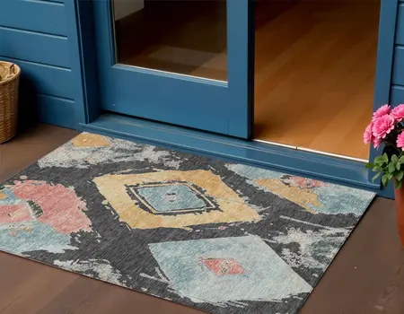 3' X 5' Charcoal Gold And Coral Geometric Washable Indoor Outdoor Area Rug